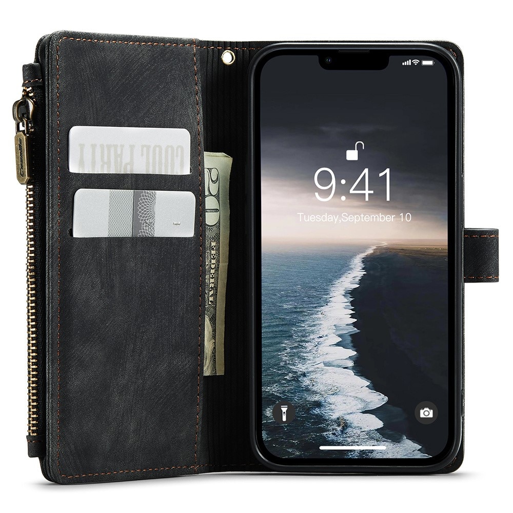 Étui portefeuille à glissière iPhone 15, noir