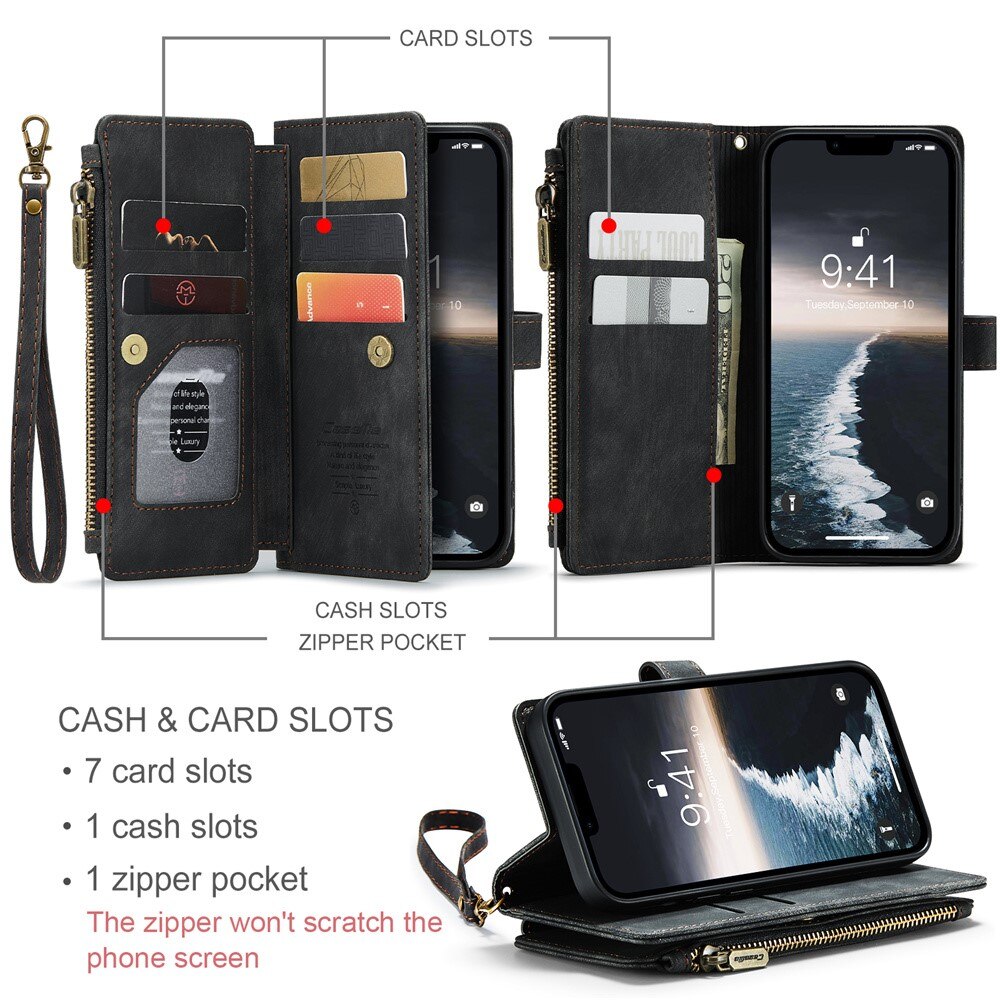 Étui portefeuille à glissière iPhone 15, Noir