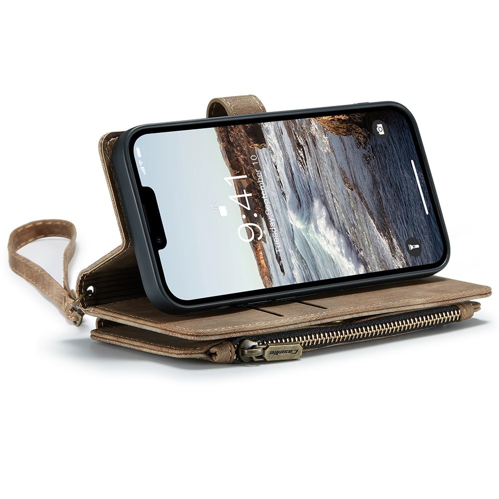 Étui portefeuille à glissière iPhone 15, Marron