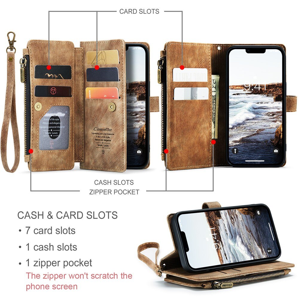 Étui portefeuille à glissière iPhone 15, Marron