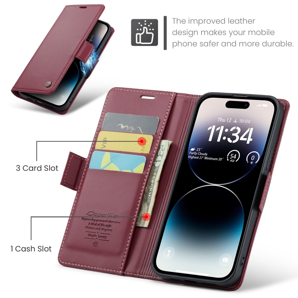 Étui portefeuille mince anti-RFID iPhone 15 Pro, rouge