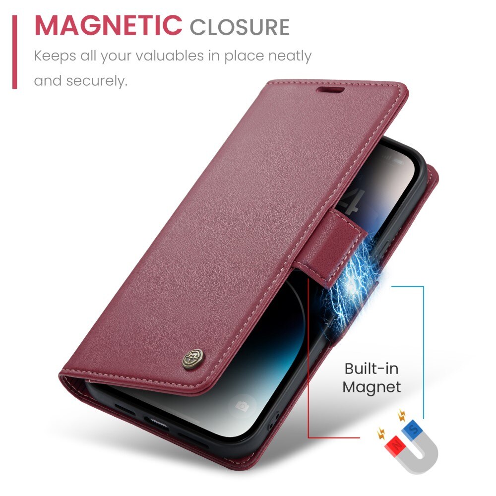 Étui portefeuille mince anti-RFID iPhone 15 Pro, rouge