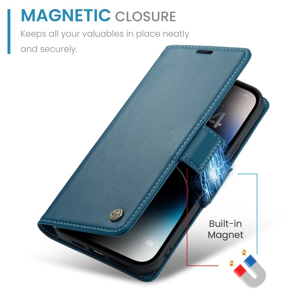 Étui portefeuille mince anti-RFID iPhone 15 Pro, bleu