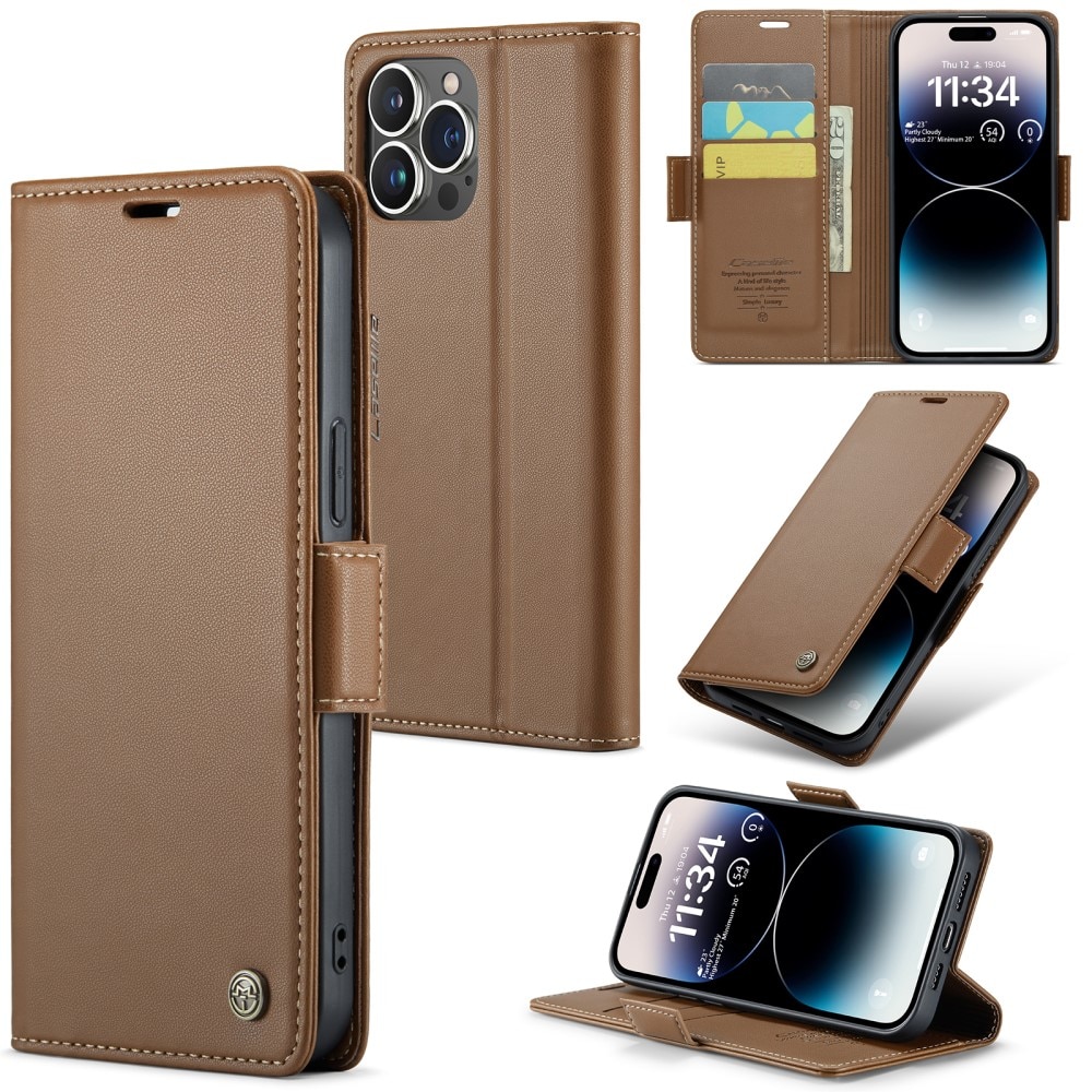 Étui portefeuille mince anti-RFID iPhone 15 Pro, Marron