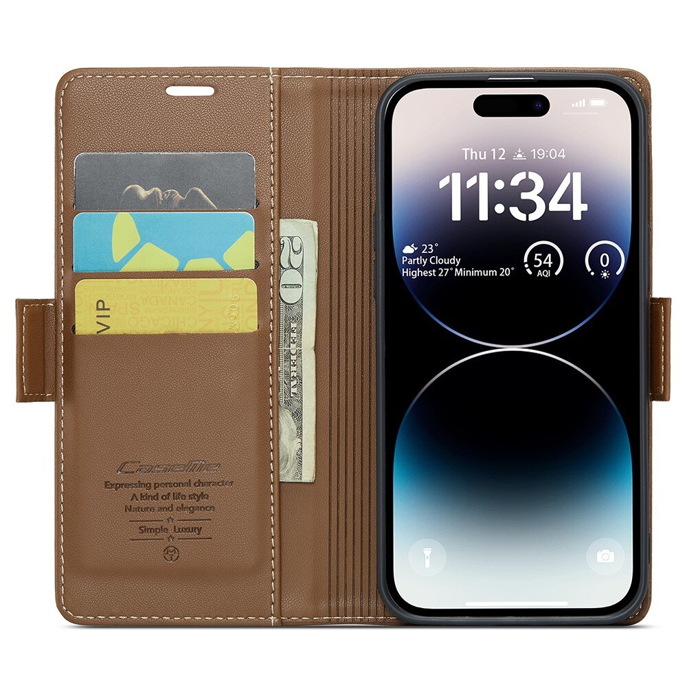 Étui portefeuille mince anti-RFID iPhone 15 Pro, Marron