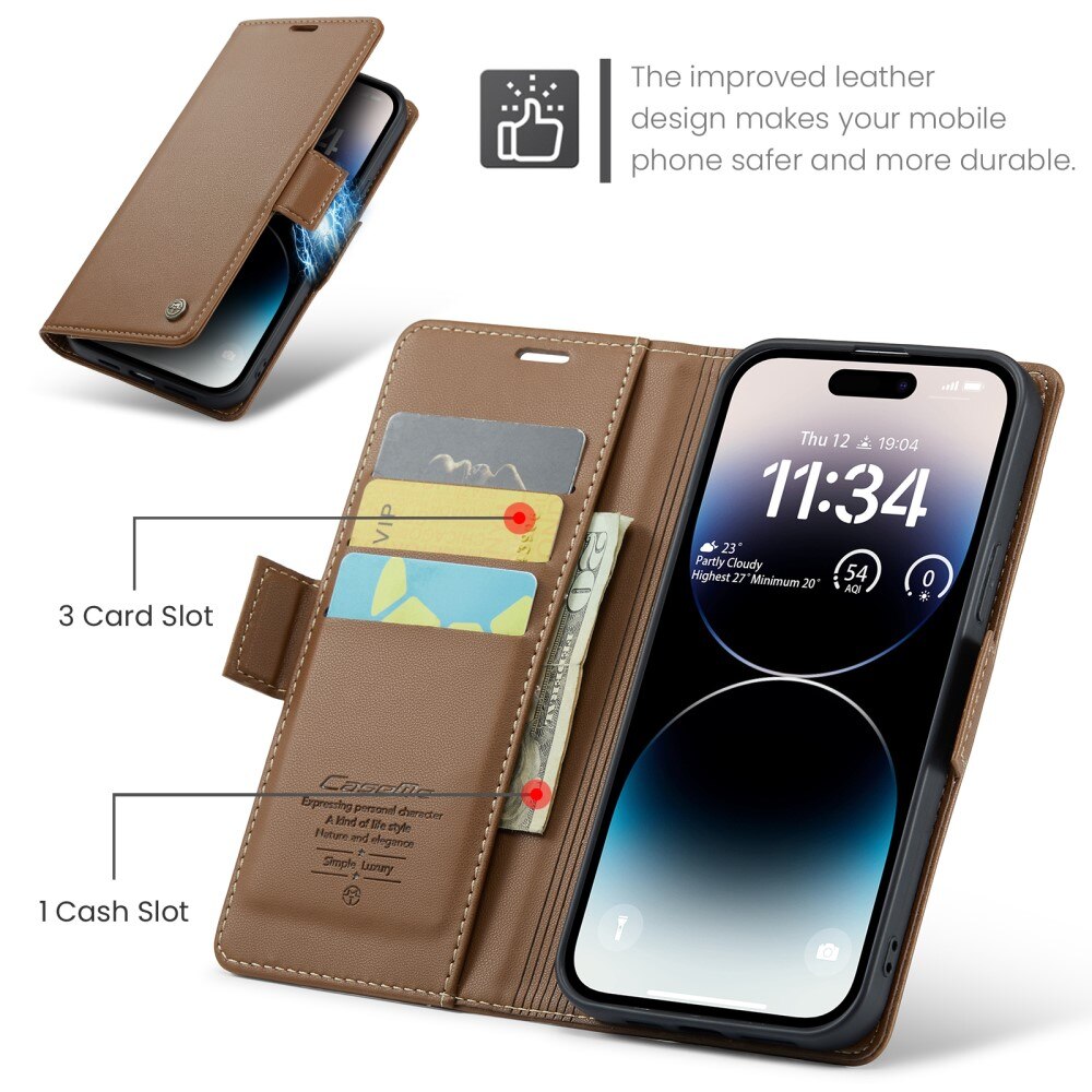 Étui portefeuille mince anti-RFID iPhone 15 Pro, Marron