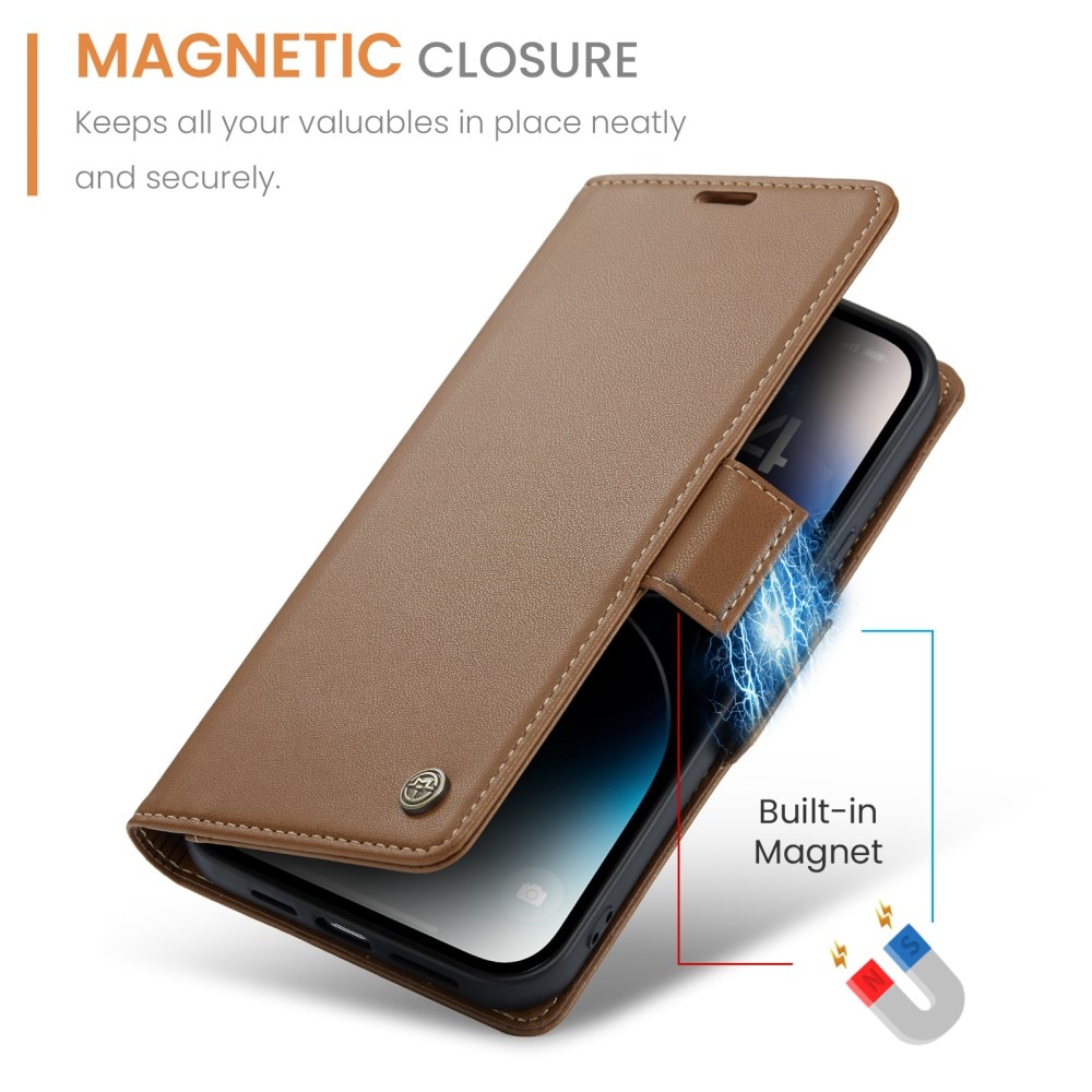 Étui portefeuille mince anti-RFID iPhone 15 Pro, marron