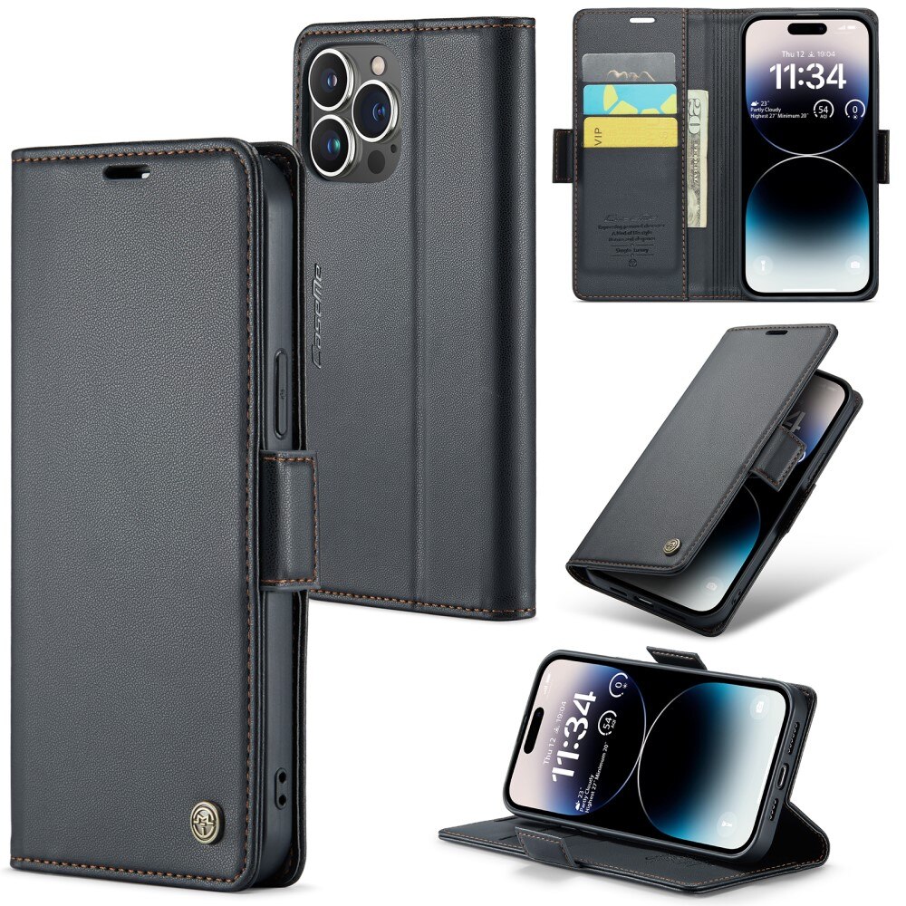 Étui portefeuille mince anti-RFID iPhone 15 Pro Max, Noir