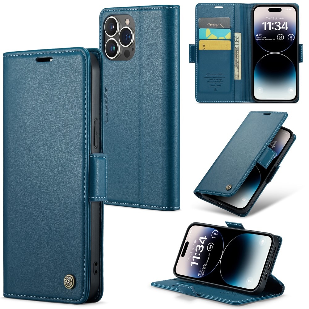 Étui portefeuille mince anti-RFID iPhone 15 Pro Max, bleu