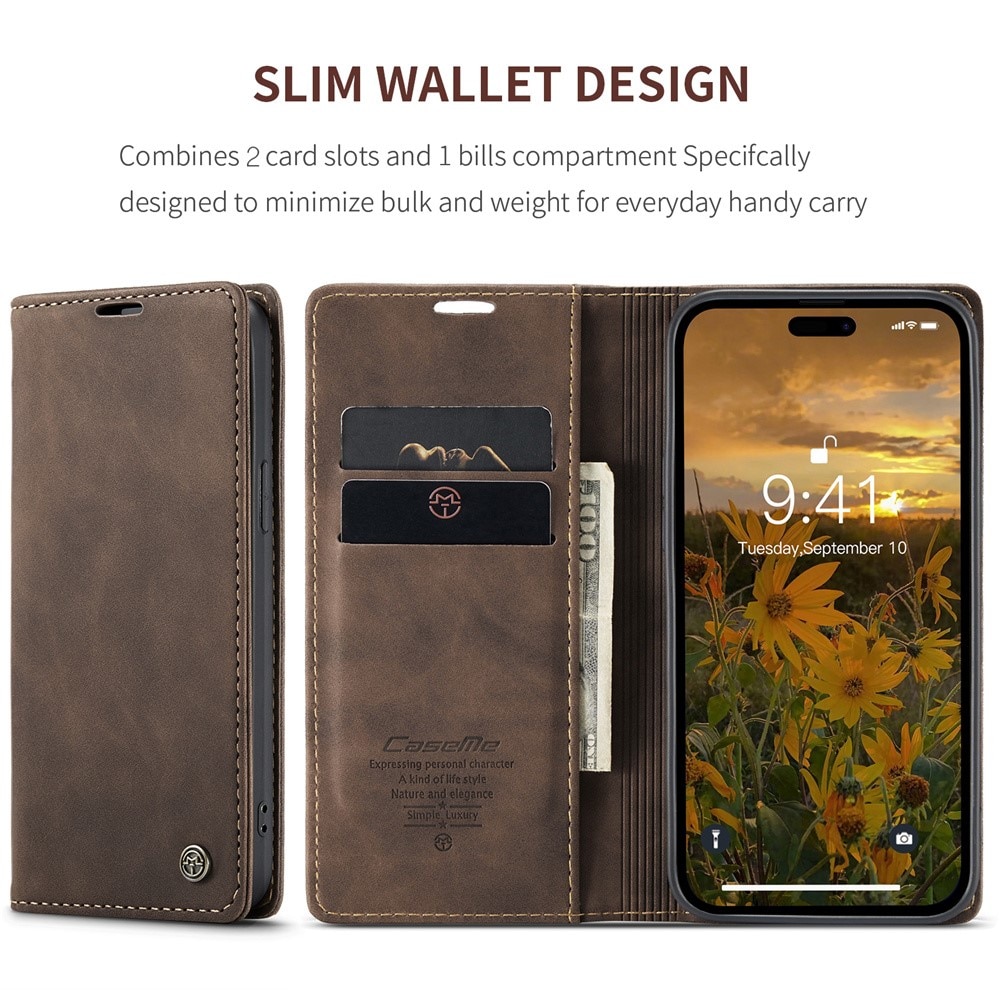 Étui portefeuille mince iPhone 15 Pro Max, Marron