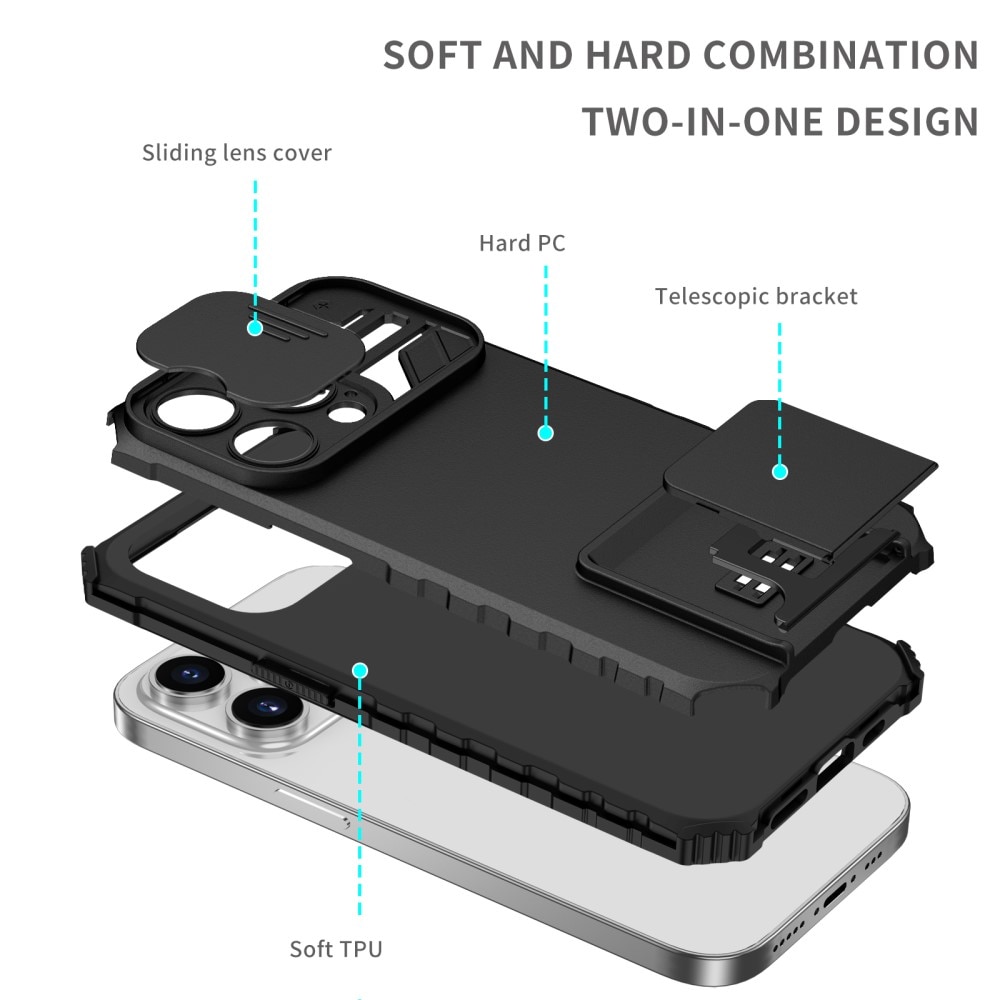 Coque Kickstand avec Protège Caméra iPhone 15 Pro, Noir