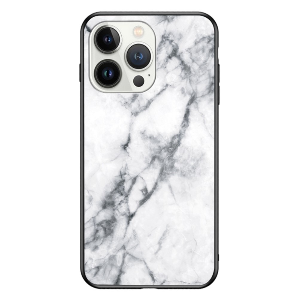 Coque en verre trempé iPhone 15 Pro, marbre blanc