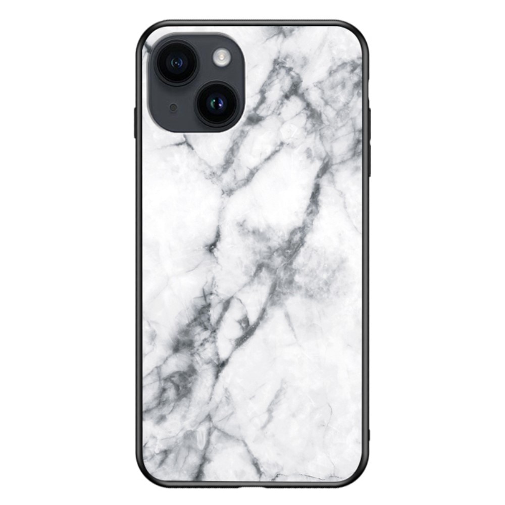 Coque en verre trempé iPhone 15 Plus, marbre blanc