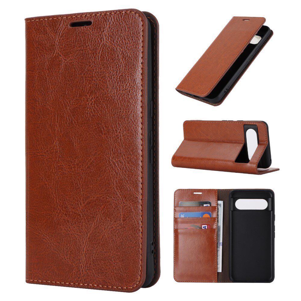 Coque portefeuille en cuir Veritable Google Pixel 8, Marron
