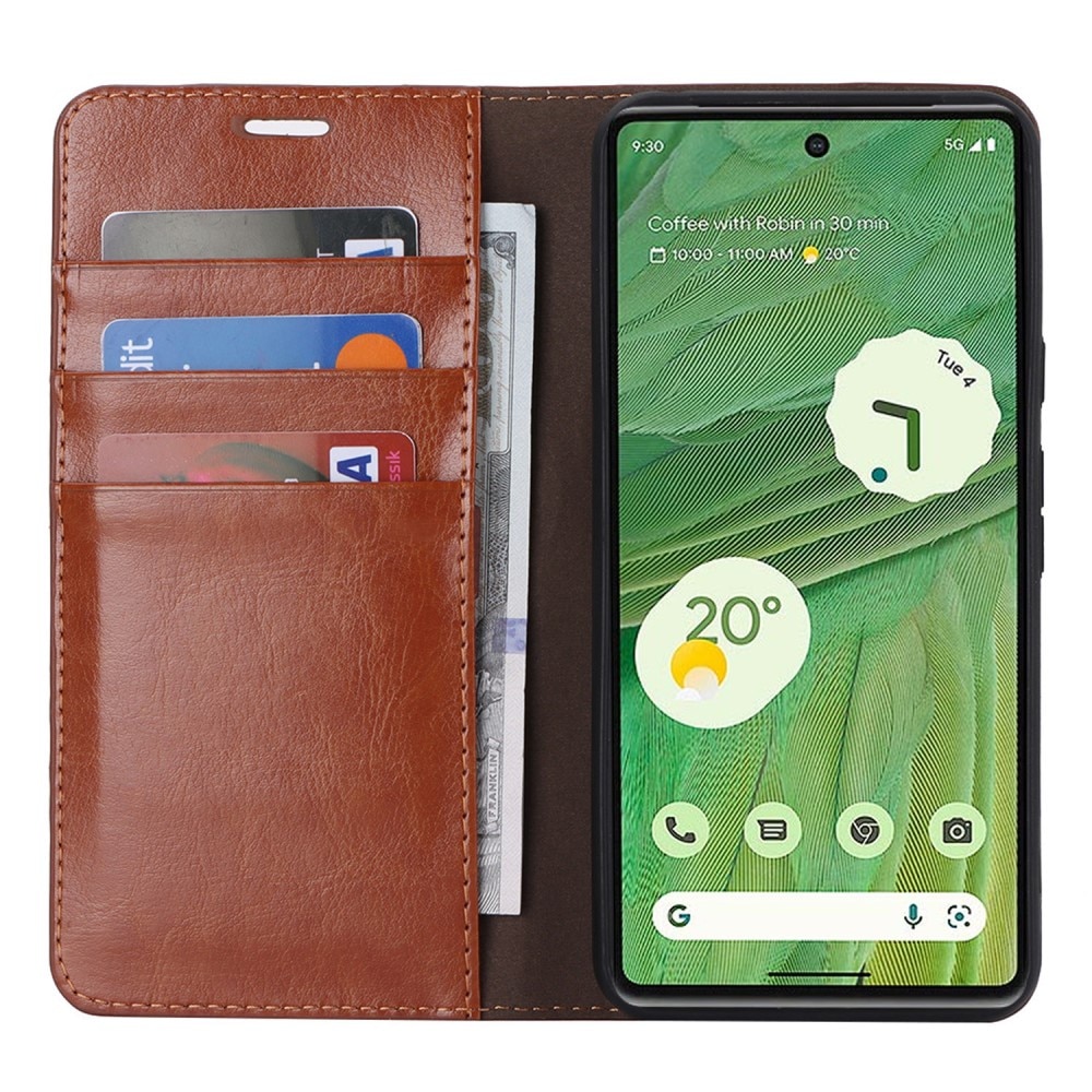 Coque portefeuille en cuir Veritable Google Pixel 8, Marron