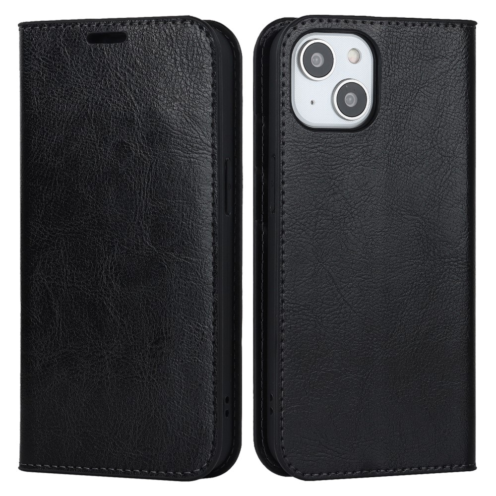 Coque portefeuille en cuir Veritable iPhone 15 Plus, noir