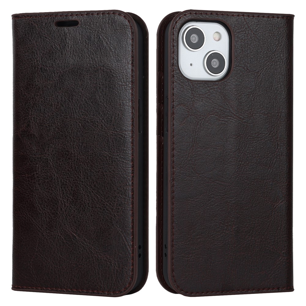 Coque portefeuille en cuir Veritable iPhone 15 Plus, marron foncé