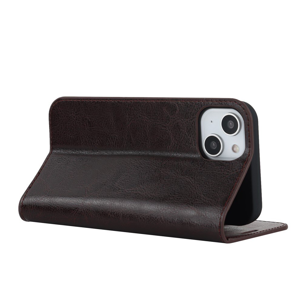 Coque portefeuille en cuir Veritable iPhone 15 Plus, marron foncé