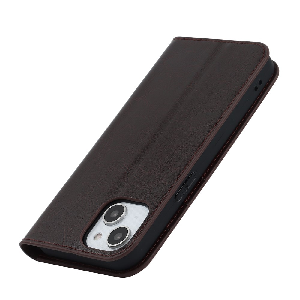 Coque portefeuille en cuir Veritable iPhone 15 Plus, marron foncé