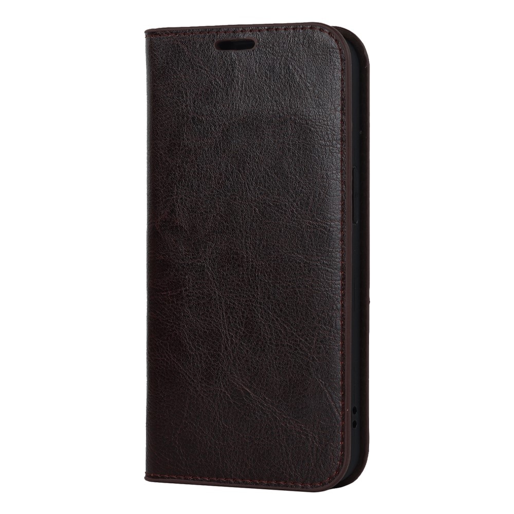 Coque portefeuille en cuir Veritable iPhone 15 Plus, marron foncé