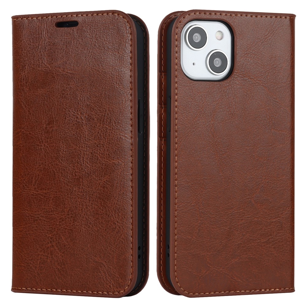 Coque portefeuille en cuir Veritable iPhone 15 Plus, marron