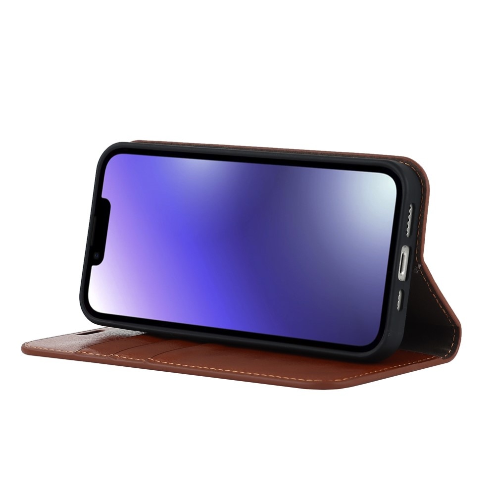 Coque portefeuille en cuir Veritable iPhone 15 Plus, Marron