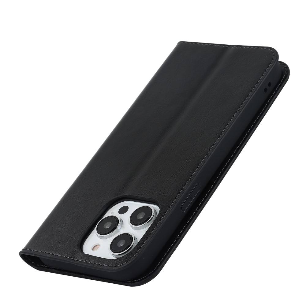 Coque portefeuille en cuir Veritable iPhone 15 Pro , noir