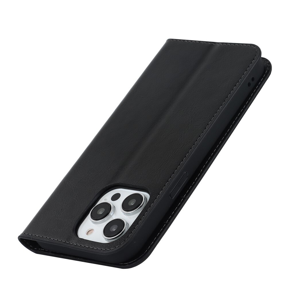 Coque portefeuille en cuir Veritable iPhone 15 Pro, Noir