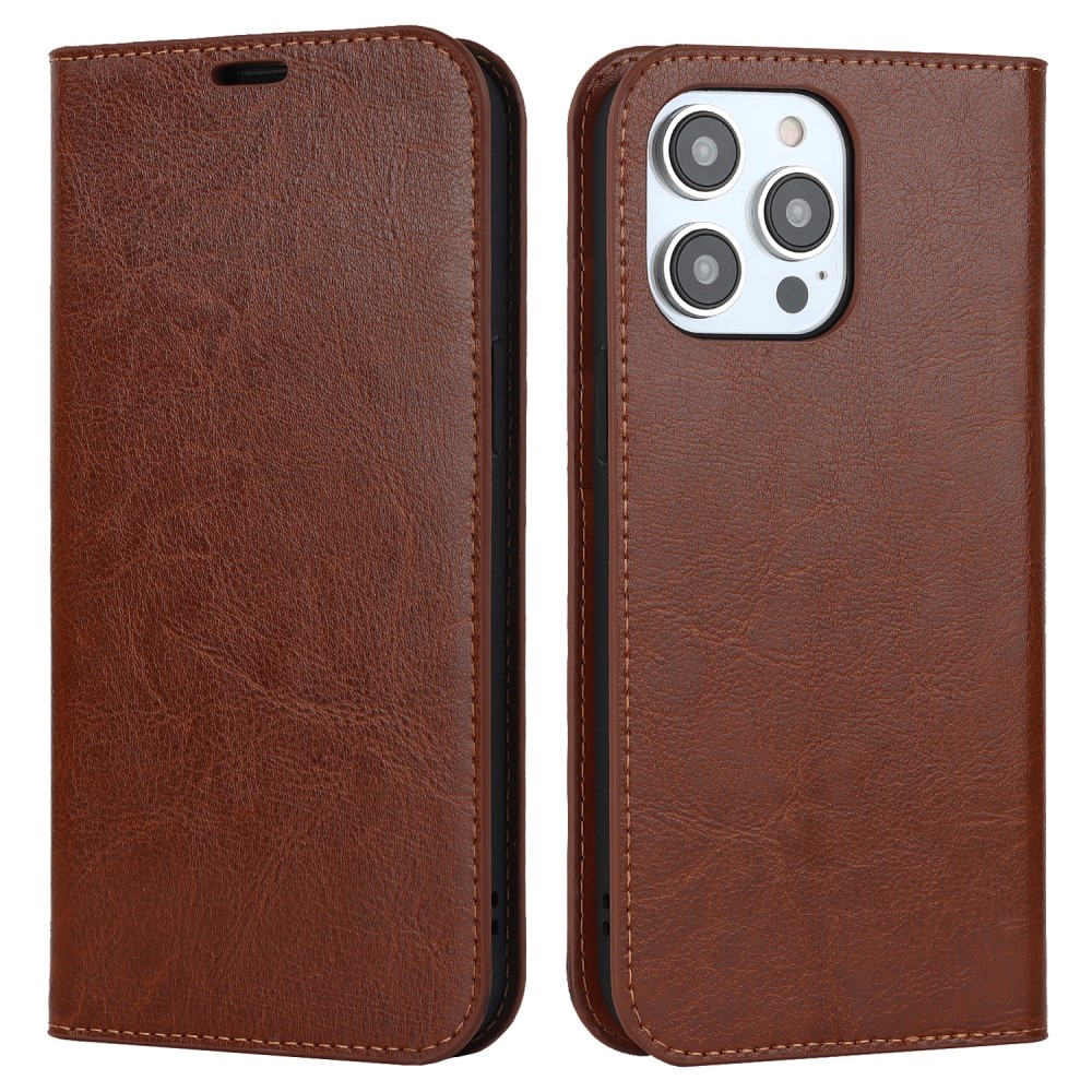 Coque portefeuille en cuir Veritable iPhone 15 Pro, Marron