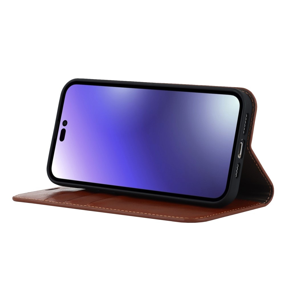 Coque portefeuille en cuir Veritable iPhone 15 Pro, Marron
