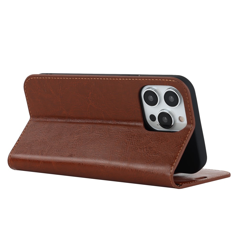 Coque portefeuille en cuir Veritable iPhone 15 Pro, Marron