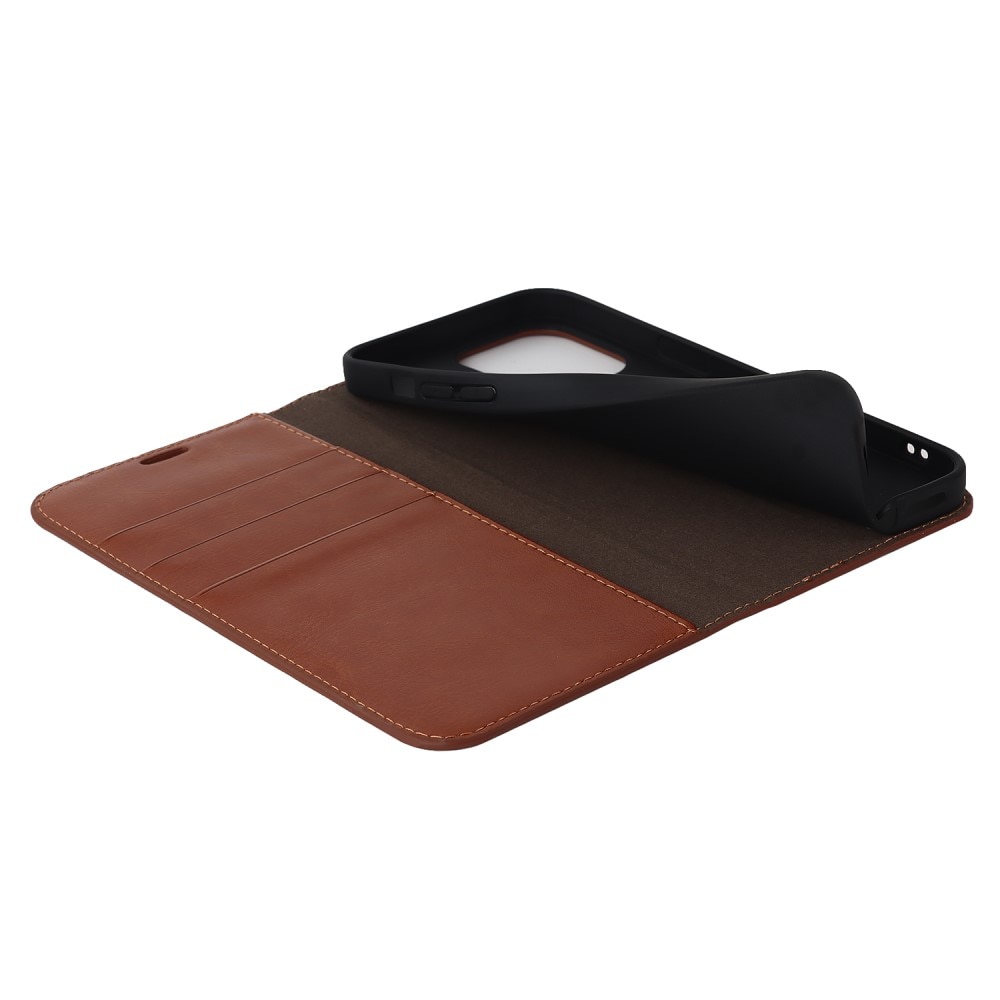 Coque portefeuille en cuir Veritable iPhone 15 Pro, Marron
