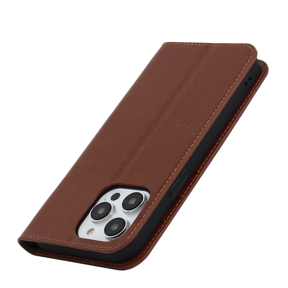 Coque portefeuille en cuir Veritable iPhone 15 Pro, Marron