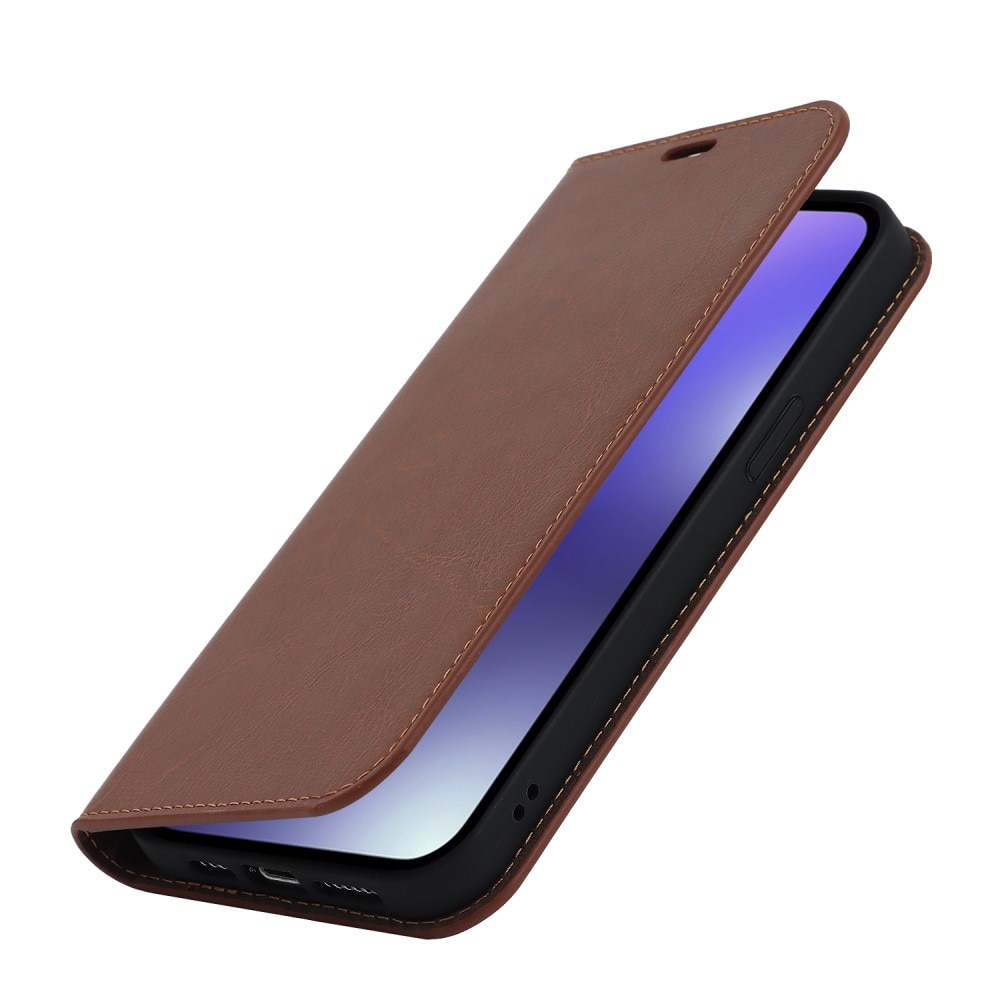 Coque portefeuille en cuir Veritable iPhone 15 Pro , marron