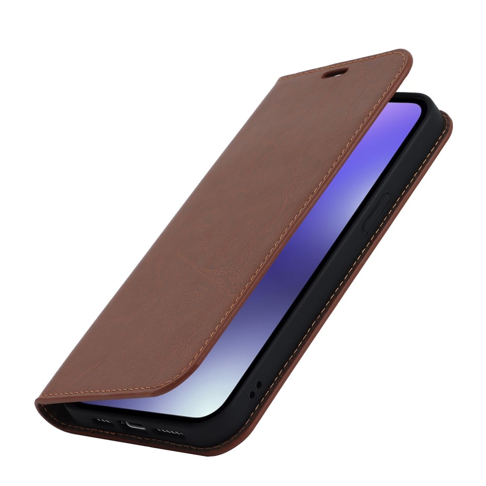 Coque portefeuille en cuir Veritable iPhone 15 Pro, Marron