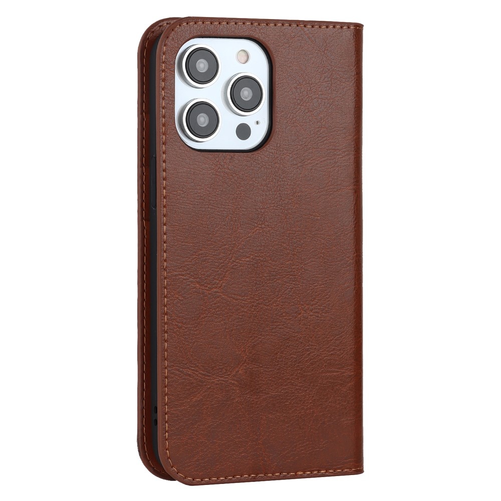 Coque portefeuille en cuir Veritable iPhone 15 Pro, Marron