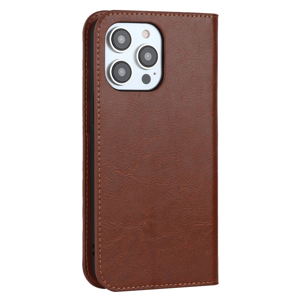 Coque portefeuille en cuir Veritable iPhone 15 Pro , marron