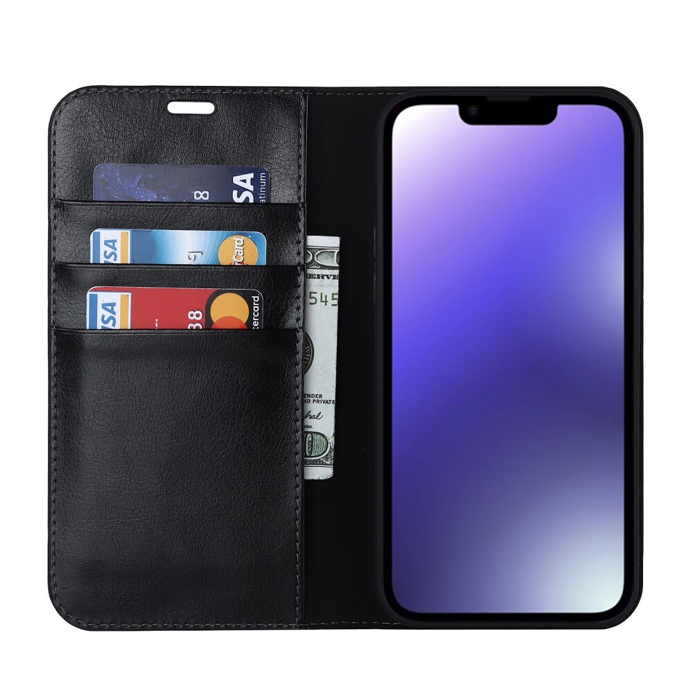 Coque portefeuille en cuir Veritable iPhone 15, noir