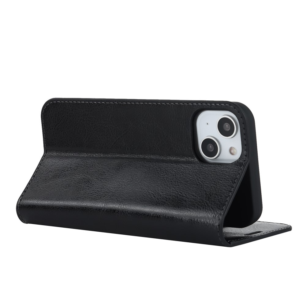 Coque portefeuille en cuir Veritable iPhone 15, noir