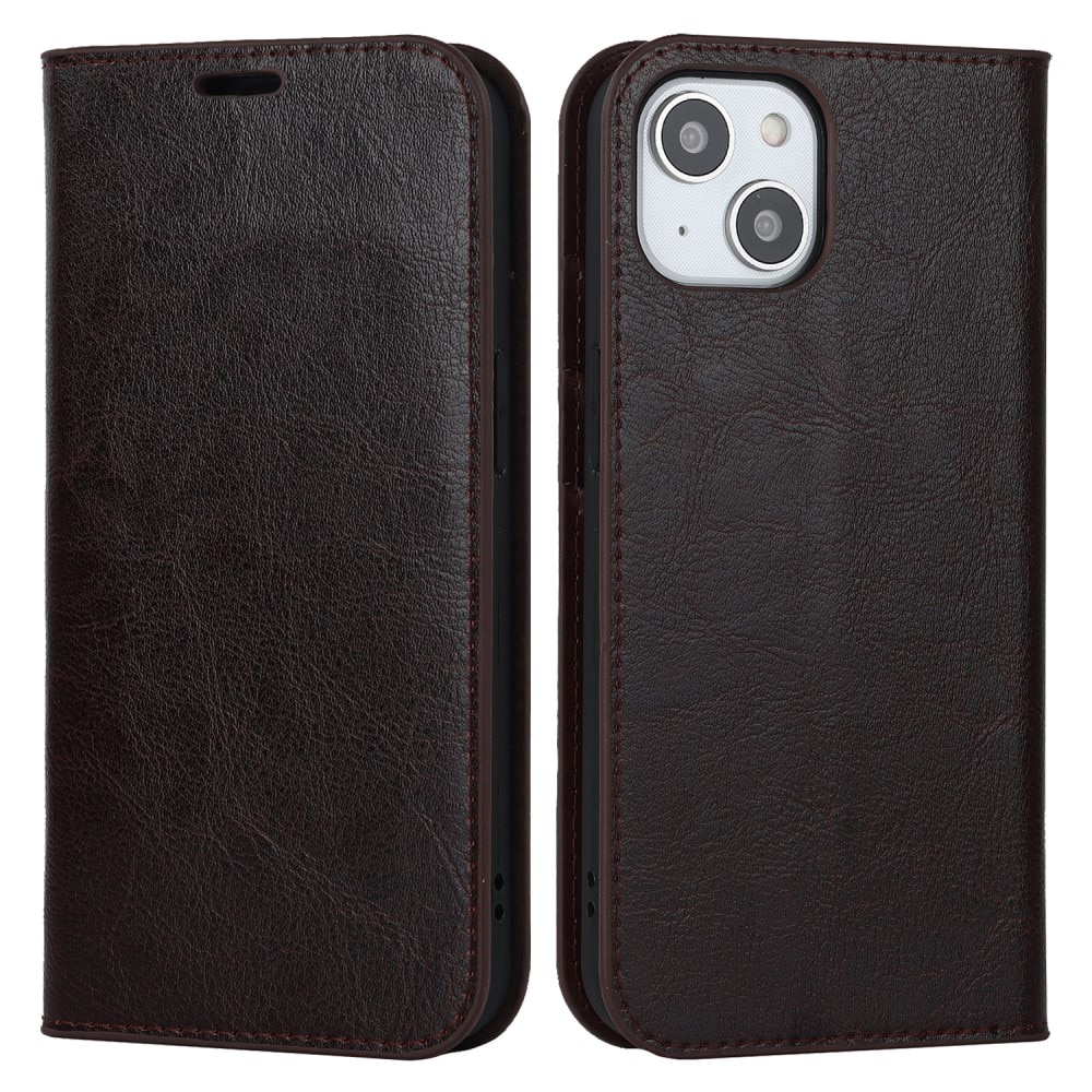 Coque portefeuille en cuir Veritable iPhone 15, Marron foncé