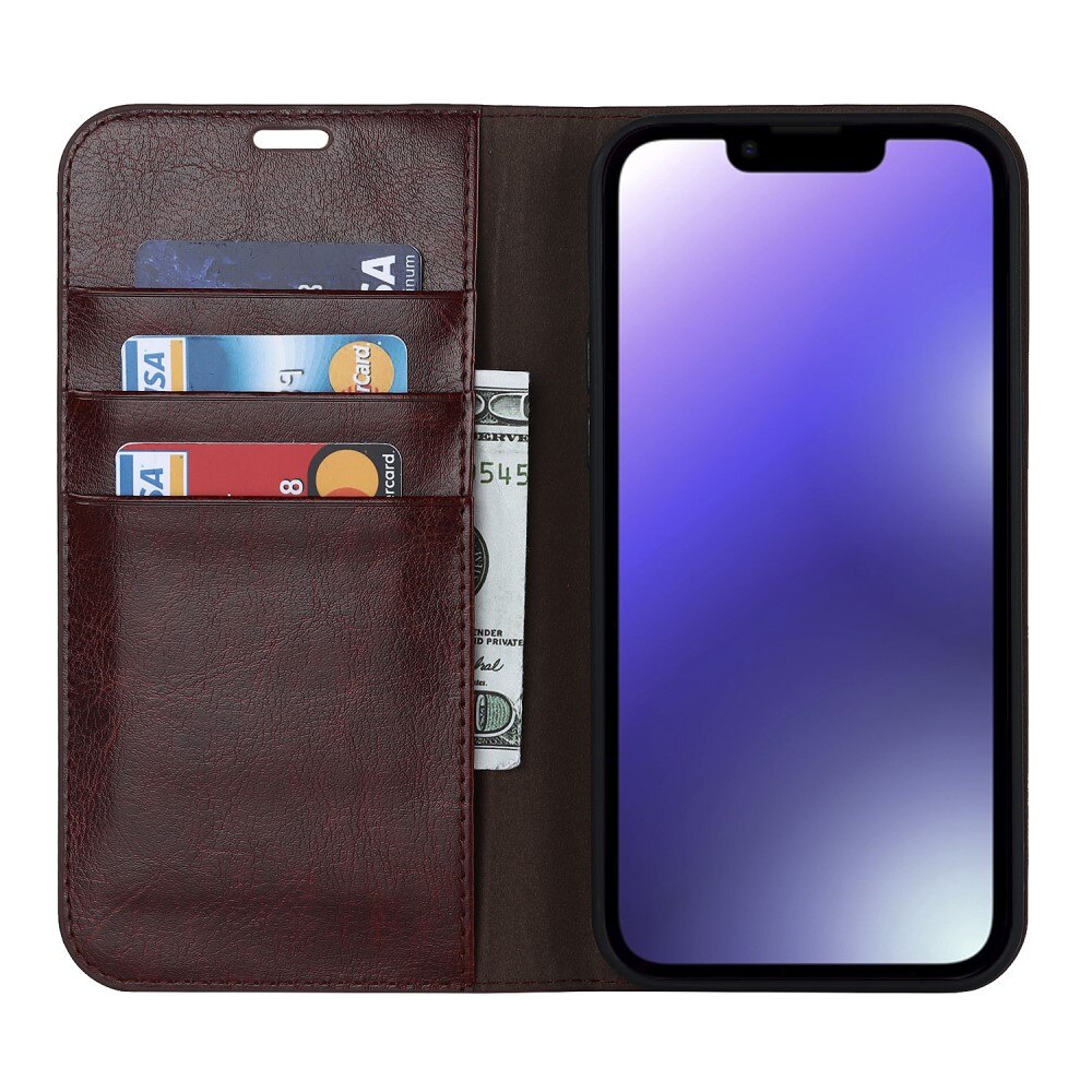 Coque portefeuille en cuir Veritable iPhone 15, Marron foncé