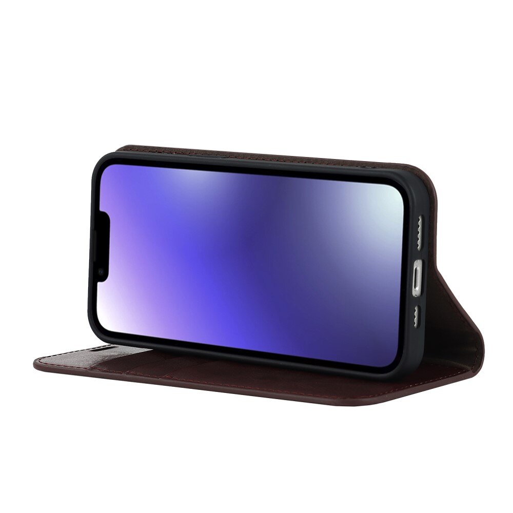 Coque portefeuille en cuir Veritable iPhone 15, Marron foncé