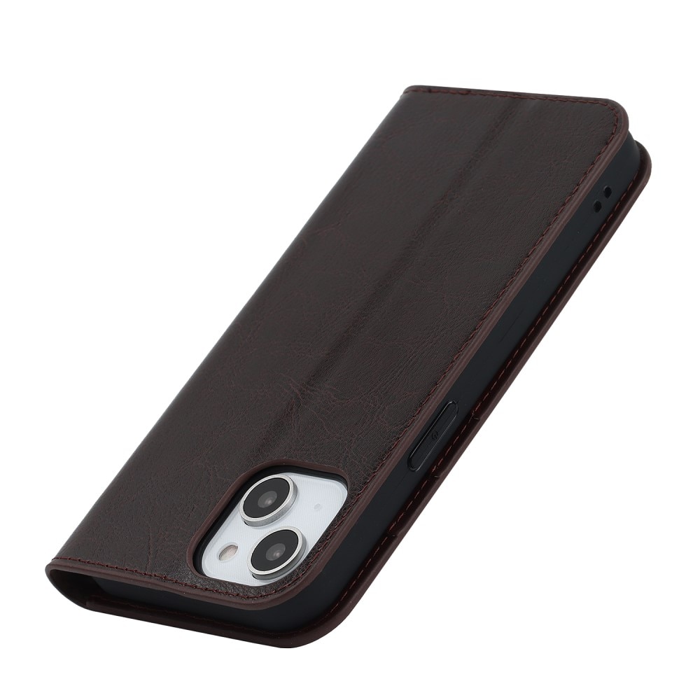 Coque portefeuille en cuir Veritable iPhone 15, Marron foncé