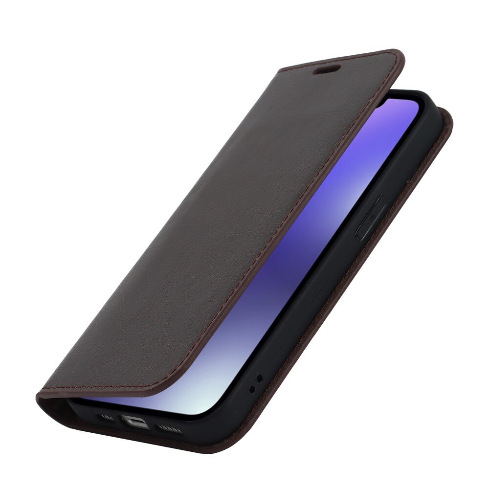 Coque portefeuille en cuir Veritable iPhone 15, Marron foncé