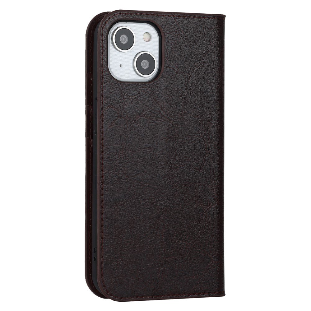 Coque portefeuille en cuir Veritable iPhone 15, Marron foncé