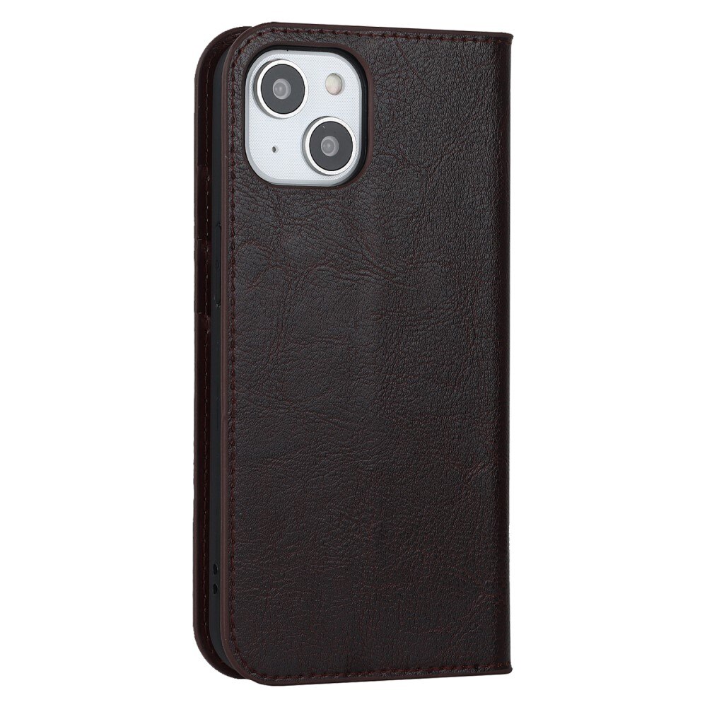 Coque portefeuille en cuir Veritable iPhone 15, marron foncé