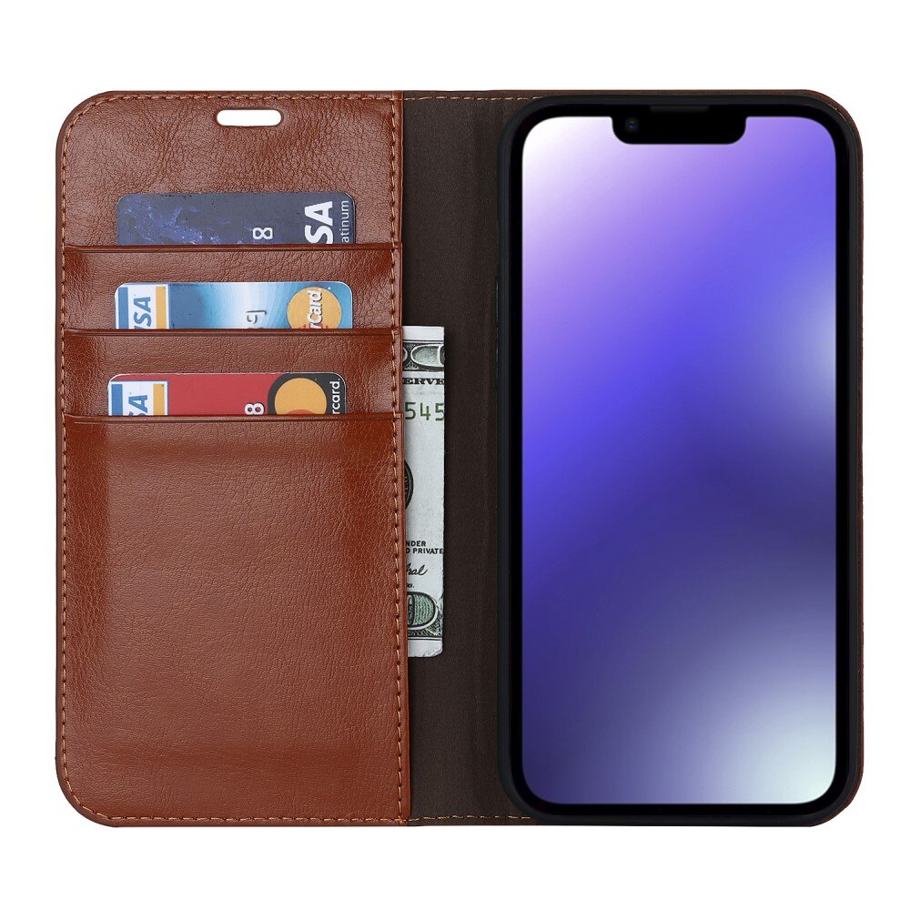 Coque portefeuille en cuir Veritable iPhone 15, Marron