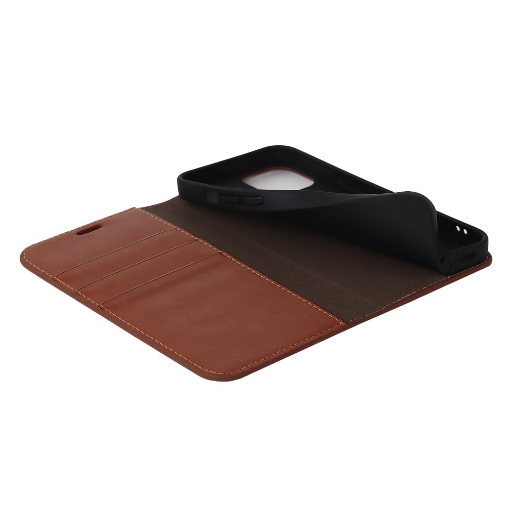 Coque portefeuille en cuir Veritable iPhone 15, Marron