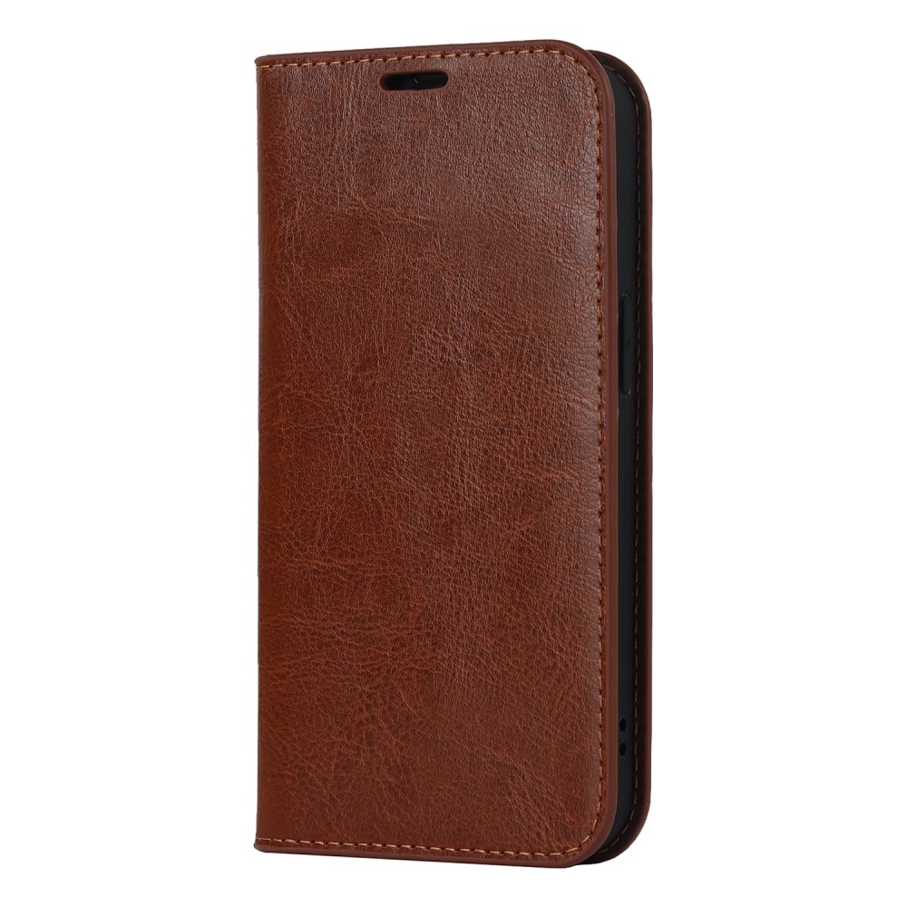 Coque portefeuille en cuir Veritable iPhone 15, marron