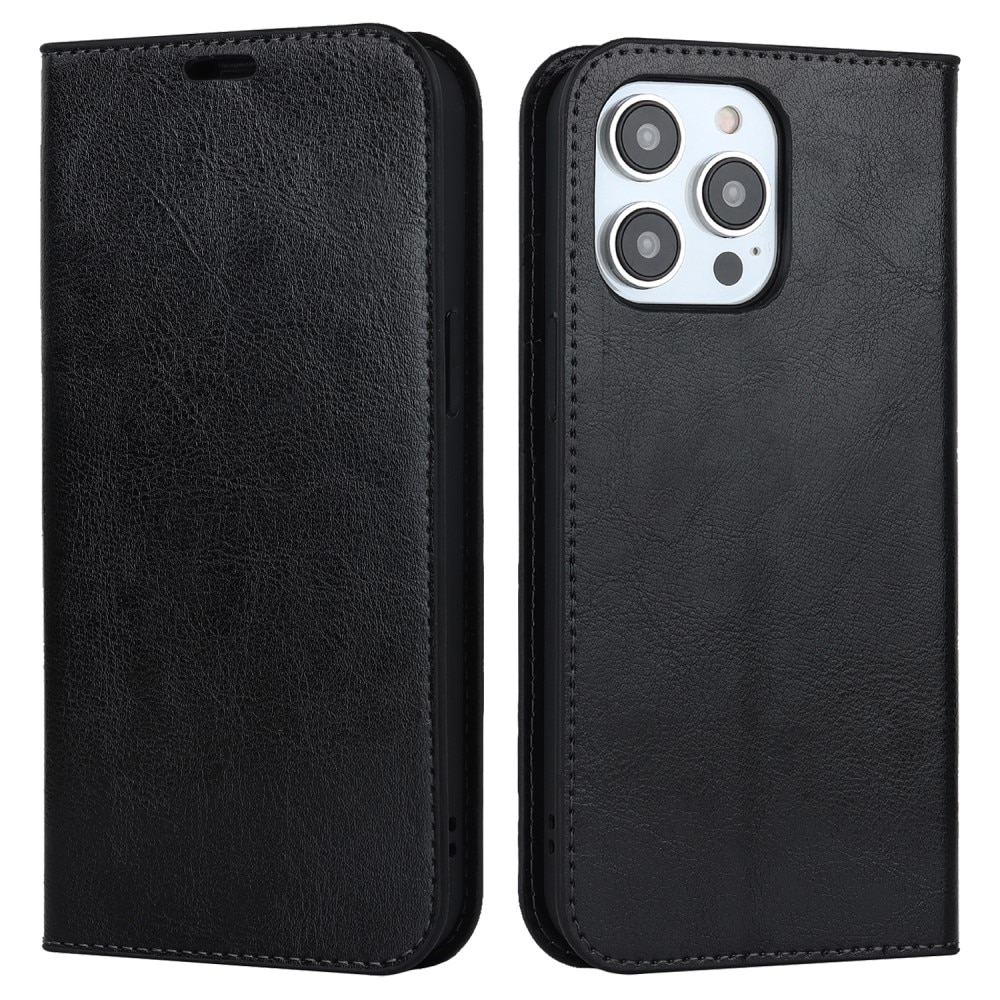 Coque portefeuille en cuir Veritable iPhone 15 Pro Max, noir